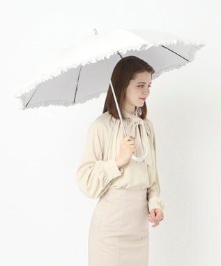 MOONBAT ランバン オン ブルー 晴雨兼用日傘 長傘 ビジュー付きオーガンジーフリル 遮光 遮熱 UV オフホワイト