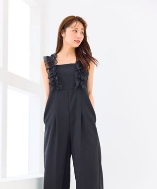 Feroux 【洗える】フリルショルダー サロペット ブラック系