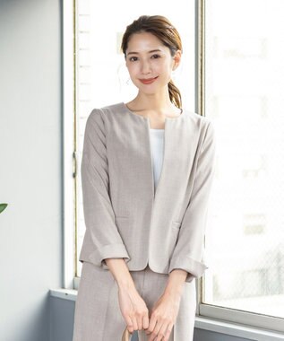 Tiaclasse L 【新色追加・洗える】麻調薄地キーネックジャケット グレージュ