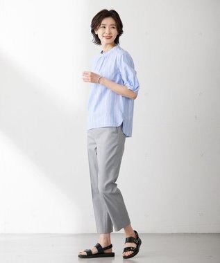 J.PRESS LADIES L 【洗える】 セルロース タイプライター ストライプ スタンドカラー ブラウス サックスブルー系1
