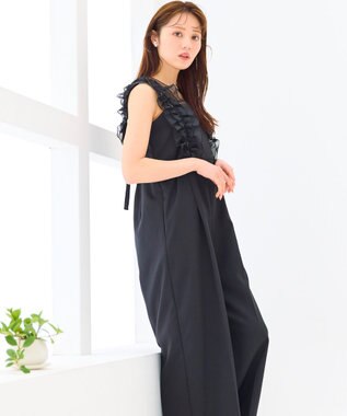 Feroux 【洗える】フリルショルダー サロペット ブラック系