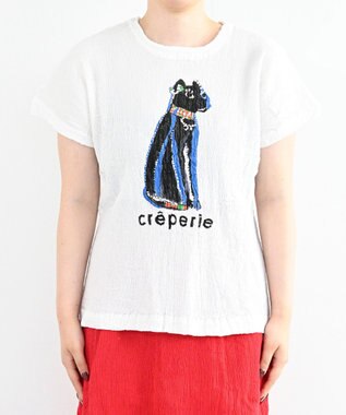 crêprie tsumori chisato creperie HAND PRINT T-SHIRT CAT クレプリ エジプトキャットプリント ドルマンTシャツ WHITE