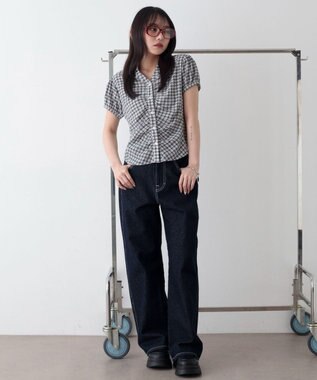 WEGO コンパクトギャザーチェックシャツ ホワイト