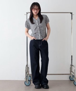 WEGO コンパクトギャザーチェックシャツ ホワイト