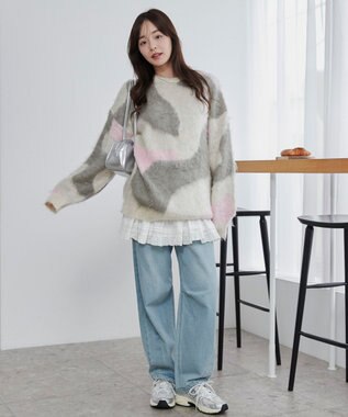 WEGO 【ユニセックス着用ITEM】マーブルシャギーニットプルオーバー ライトグレー