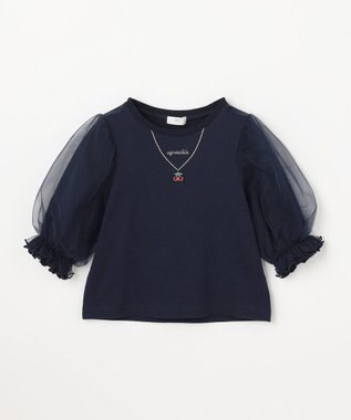 ANY KIDS チュール袖 七分Tシャツ ネイビー