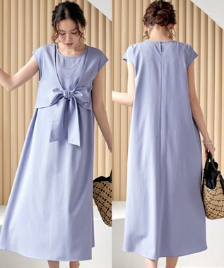 Tiaclasse 【2WAY・洗える】ウエストリボンフレンチスリーブマキシワンピース