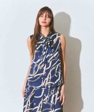 GRACE CONTINENTAL チェーンプリントボウタイブラウス ネイビー