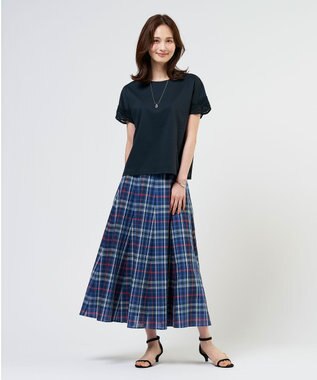 J.PRESS LADIES S コットンリネン Light マドラスチェック フレア スカート ネイビー系