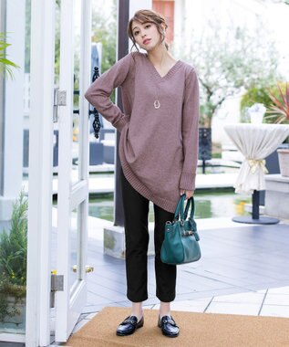 Tiaclasse L 【洗える】Vネックリブニットチュニック モカ