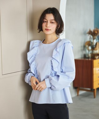 #Newans 【洗濯機可能/シワになりにくい】〈小柄さんにお勧め〉バーティカルフリルブラウス ライトブルー