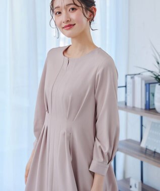 Tiaclasse 【洗える】ビジュー付きフロント切替タックワンピース グレージュ