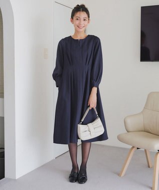 Tiaclasse 【洗える】ビジュー付きフロント切替タックワンピース ネイビー