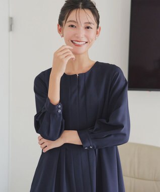 Tiaclasse 【洗える】ビジュー付きフロント切替タックワンピース ネイビー