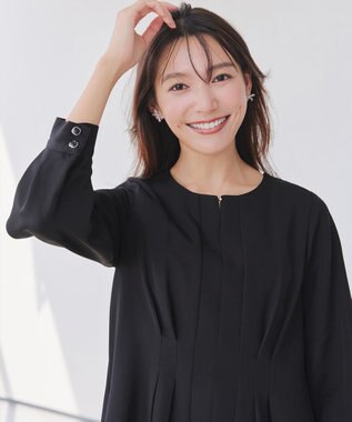 Tiaclasse 【洗える】ビジュー付きフロント切替タックワンピース ブラック