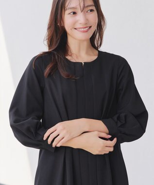 Tiaclasse 【洗える】ビジュー付きフロント切替タックワンピース ブラック