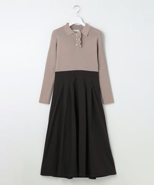 Feroux 襟付きドッキング ワンピース グレージュ×ブラック系