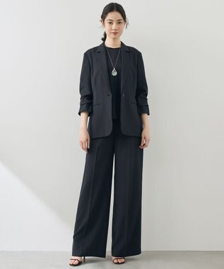 自由区 【カタログ掲載・セットアップ対応・セレモニー・ハレの日・通勤】テクスチャードスーツストレートワイド パンツ ブラック