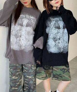 WEGO クラッシュBIGプリントニットプルオーバー ブラック