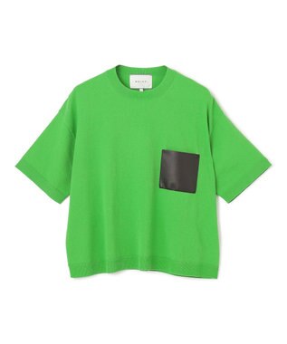 BEIGE， 【洗える】NADIA / レザーポケット付き半袖ニットTシャツ Green