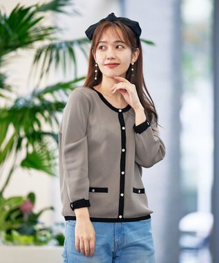 Tiaclasse L 【洗える】フェイクリボンポケット付きカーディガン モカ×ブラック