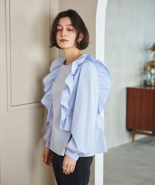 #Newans 【洗濯機可能/シワになりにくい】〈小柄さんにお勧め〉バーティカルフリルブラウス ライトブルー