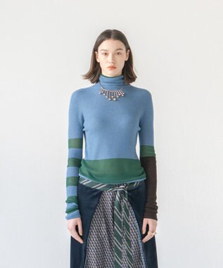 COQ AIR SILK CASHMERE BORDER カシミヤシルク タートルネックニット ブルー