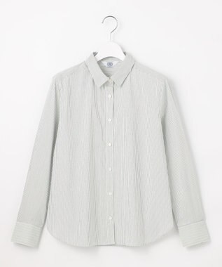 J.PRESS LADIES L 【洗える】BEZコットンナイロン ストライプ シャツカラー ブラウス グリーン×ネイビーストライプ系1