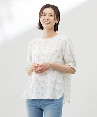 【洗える】ラインフラワープリント ブラウス