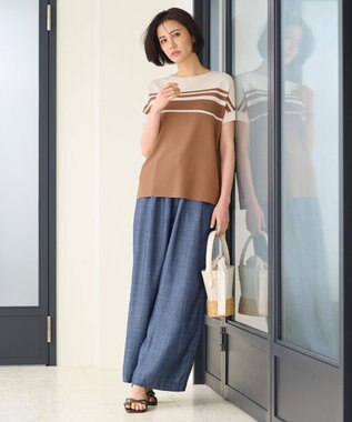 自由区 【洗える】クレープストレッチブロッキングボーダー ニット ブラウン系1