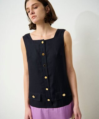 GRACE CONTINENTAL リネンタッチ配色ワンピース ネイビー