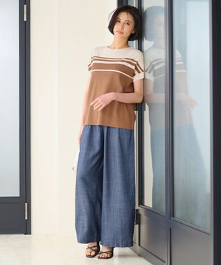 自由区 【洗える】クレープストレッチブロッキングボーダー ニット ブラウン系1