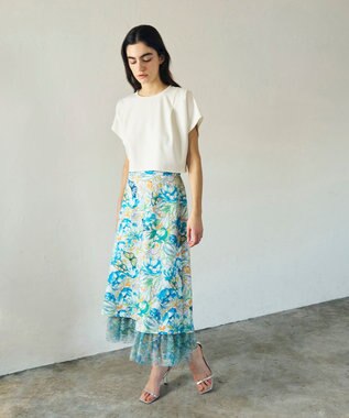 GRACE CONTINENTAL フラワーガーデンプリントスカート ブルー