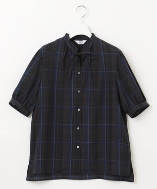 J.PRESS LADIES 【洗える】キュプラチェック フリルスタンドカラー ブラウス ネイビー系3