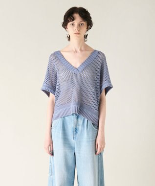 GRACE CONTINENTAL メッシュVネックニットトップ ブルー