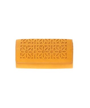 genten カットワーク フラップ長財布 イエロー