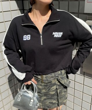 WEGO 刺繍ハーフジップショートスウェット ブラック