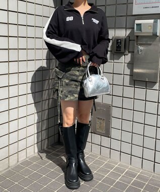 WEGO 刺繍ハーフジップショートスウェット ブラック