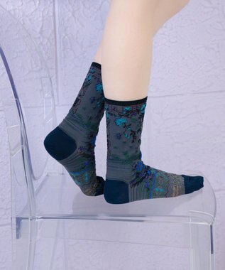 COQ antigua flower ラメ花柄ソックス チャコールグレー