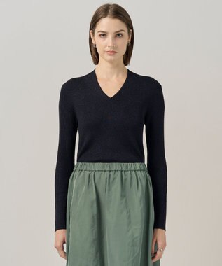 ICB 【新色追加】 エクストラファインメリノリブ Vネックプルオーバー ネイビーラメ系