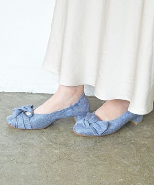 nouvelleRobe Oū 新色追加【本革・高反発】Heel Round Ribbon ヒールパンプス ネイビーファブリック