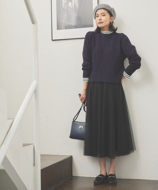 ANY L 【洗濯機可】クロップド丈ケーブルニット ネイビー