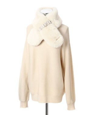 MOONBAT FURLA（フルラ）ファーマフラー 差し込み フェイクレザー ロゴプレート付 ファーティペット フェイクファー オフホワイト