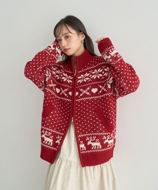 earth music&ecology ダブルzipノルディックカウチンニットカーディガン レッド