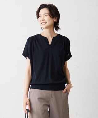 J.PRESS LADIES 【洗える・抗菌防臭】コットンアセテート バンドカラー ニット ネイビー系
