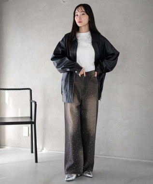 WEGO ラインストーンストレートデニムパンツ ブラック