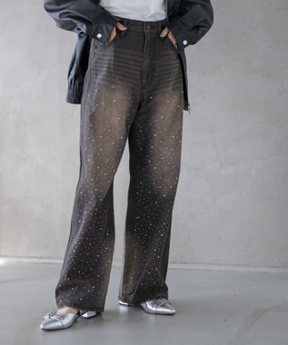 WEGO ラインストーンストレートデニムパンツ ブラック