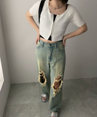 WEGO ダブルジップオフショルニットトップス オフホワイト