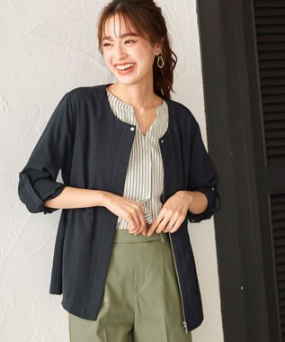 Tiaclasse L 【洗える】シルエットの変化を楽しめる麻調ドロストジャケット ネイビー