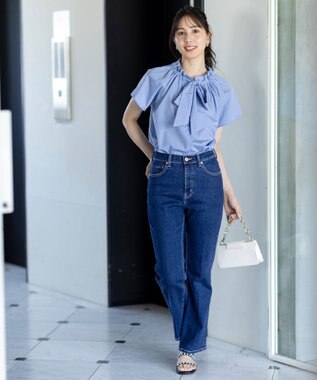 ANY SIS 【洗える】ギャザーネック ブラウス ライトブルー